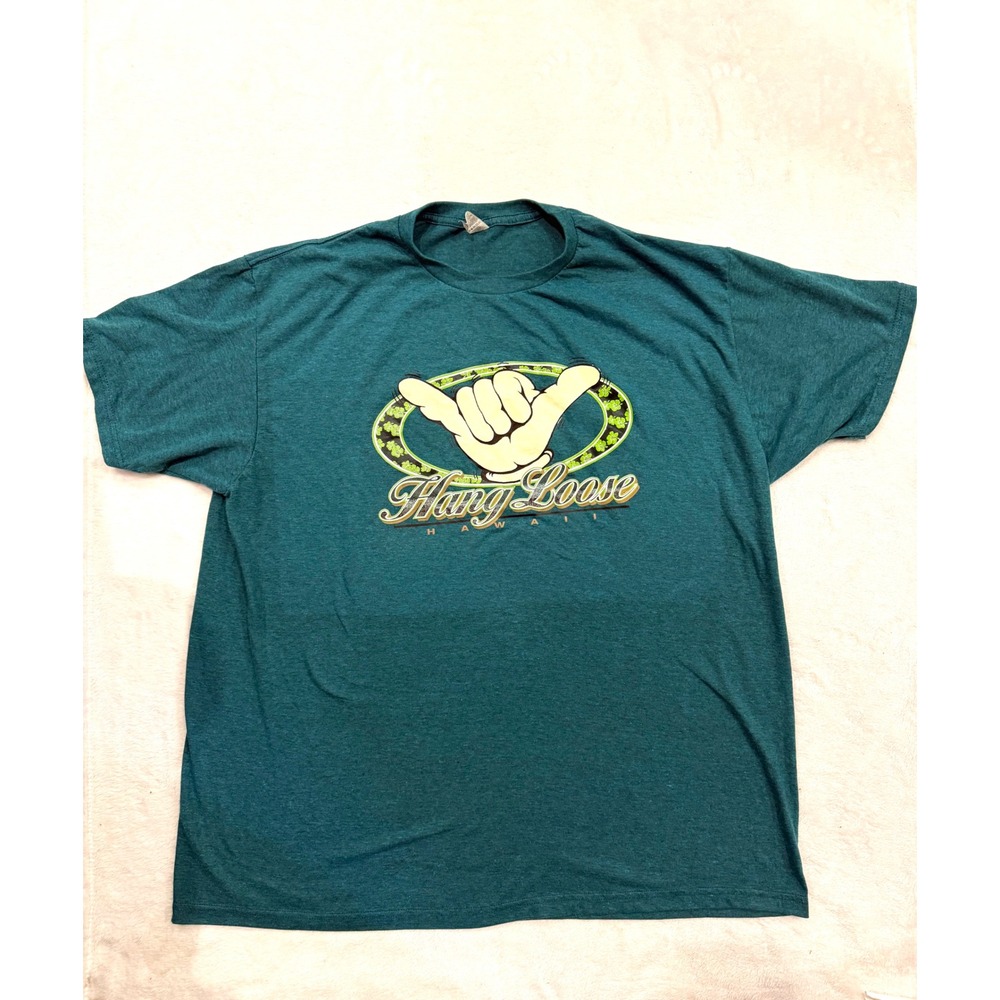 Optima London Hang Loose Hawaii Shaka Graphic T-Shirt Teal Mens 2XL Vintage